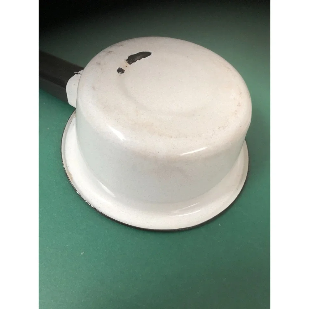 2 - VTG Enamelware Small 5 Inch  SaucePans Pots White Black Trim & Handles